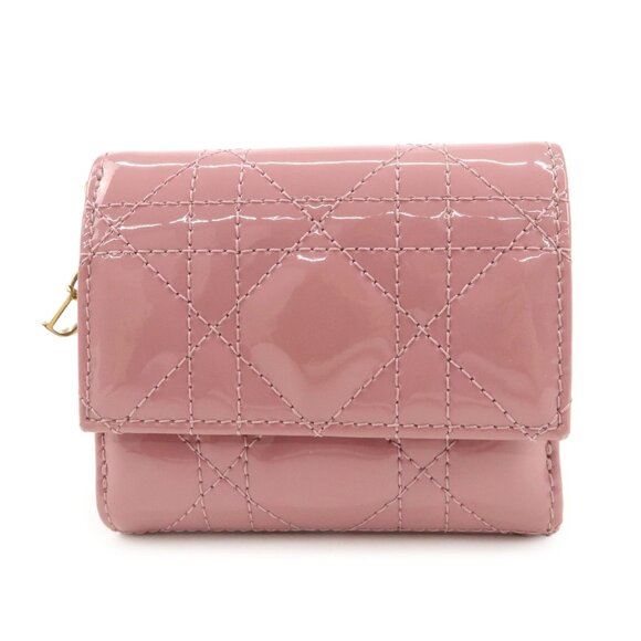 ❤️Christian Dior Lady Dior Canage Patent Leather Tri-fold Wallet Pink ❤️ - Picture 1 of 16